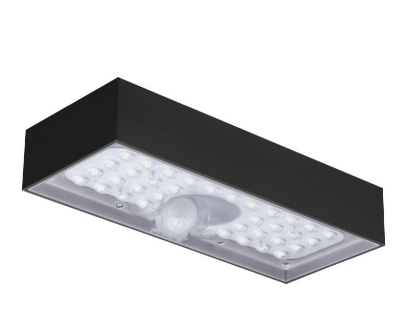 CENTURY Domino, černé solární nástěnné svítidlo, 6W LED, 3000K, IP65, se senzorem pohybu a denního světla