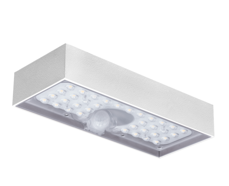 CENTURY Domino, bílé solární nástěnné svítidlo, 6W LED, 3000K, IP65, se senzorem pohybu a denního světla