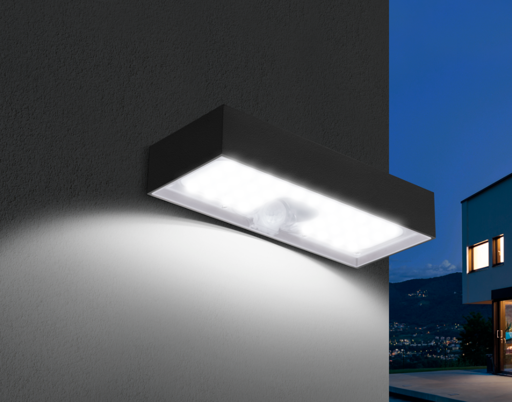 CENTURY Domino, černé solární nástěnné svítidlo, 6W LED, 4000K, IP65, se senzorem pohybu a denního světla